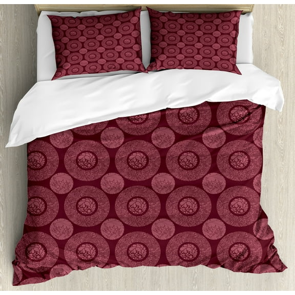 Floral Duvet Cover Set, Mandala Motif Inspired Oriental Round Flower Petals Leaves Ethnic Folk, Decorative 3 Piece Bedding Set with 2 Pillow Shams, Calking Size, Dark Fuchsia Dried Rose, by Ambesonne