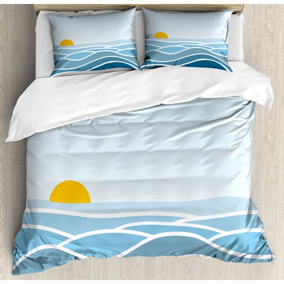 Floral Duvet Cover Set, Minimalistic Waves Sunrise Open Sea Print, Decorative 3 Piece Bedding Set with 2 Pillow Shams, King Size, Orange Sky Blue, by Ambesonne
