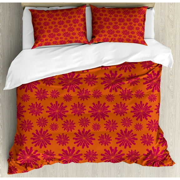 Floral Duvet Cover Set, Modern Design with Geometrical Bold Line Flowers Image, Decorative 3 Piece Bedding Set with 2 Pillow Shams, Calking Size, Scarlet and Maroon, by Ambesonne