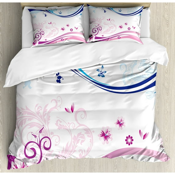 Floral Duvet Cover Set, Modern Digital Swirls Ivy Flowers Leaves and White Backdrop Image, Decorative 3 Piece Bedding Set with 2 Pillow Shams, Queen Size, Dark Blue Lilac, by Ambesonne