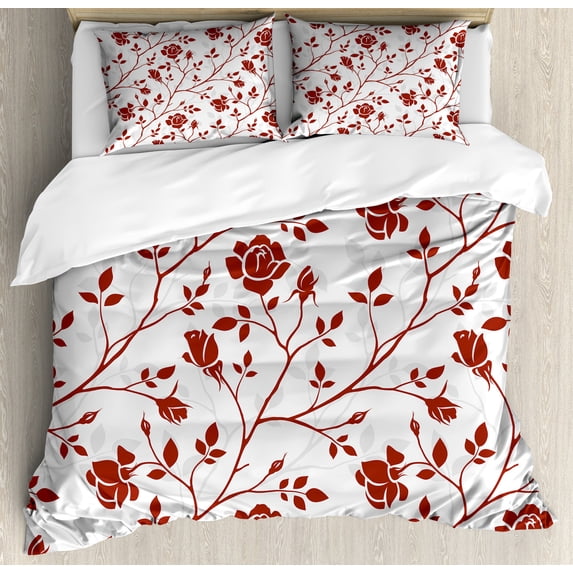 Floral Duvet Cover Set, Monochrome Floral Arrangement Roses Leaves Branches Retro Environment Elements, Decorative 3 Piece Bedding Set with 2 Pillow Shams, Calking Size, Ruby Beige White, by Ambesonne