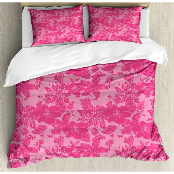 Floral Duvet Cover Set, Monochrome Feminine Style Flourishes Digital Graphic Silhouettes Garden Meadow Art, Decorative 3 Piece Bedding Set with 2 Pillow Shams, Calking Size, Pink, by Ambesonne