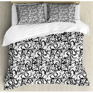 Floral Duvet Cover Set, Monochrome Leaves Abstract Design Botanical Arrangement Gardening Inspiration Print, Decorative 3 Piece Bedding Set with 2 Pillow Shams, Calking Size, Black White, by Ambesonne
