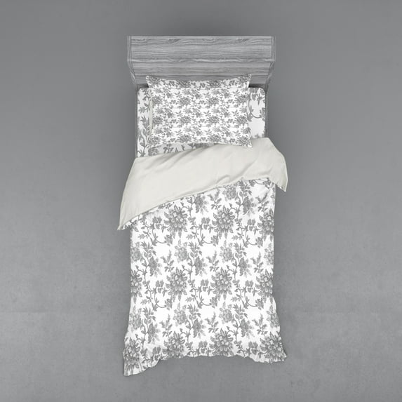 Floral Duvet Cover Set, Monochrome Petals Traditional Nature Influences Essence Artwork Print, Bedding Set with Shams and Fitted Sheet, 3 Sizes, by Ambesonne
