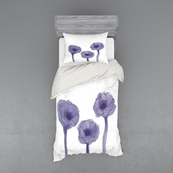Floral Duvet Cover Set, Monochrome Style Design of Watercolor Inspired Anemone Flowers Print, Bedding Set with Shams and Fitted Sheet, 3 Sizes, by Ambesonne