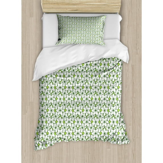 Floral Duvet Cover Set, Nature Themed Pattern with Outline Tropical Flower Petals, Decorative 2 Piece Bedding Set with 1 Pillow Shams, Twin Size, Apple Green Olive Green, by Ambesonne