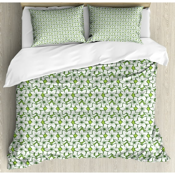 Floral Duvet Cover Set, Nature Themed Pattern with Outline Tropical Flower Petals, Decorative 3 Piece Bedding Set with 2 Pillow Shams, Calking Size, Apple Green Olive Green, by Ambesonne