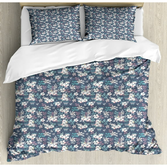 Floral Duvet Cover Set, Neat Floral Pattern Soft Tones Leaves Spring Romance Ornaments Print, Decorative 3 Piece Bedding Set with 2 Pillow Shams, Calking Size, Purpleblue Multicolor, by Ambesonne