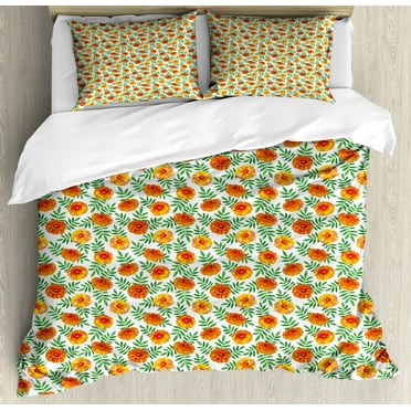 Floral Duvet Cover Set, Orange Tagetes Marigold Flowers Pattern with Leaves Nature Composition, Decorative 3 Piece Bedding Set with 2 Pillow Shams, Calking Size, Vermillion and Green, by Ambesonne