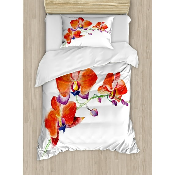 Floral Duvet Cover Set, Orchid Flower Branch with Vivid Color Petals Blossom Botany Blooms Picture, Decorative 2 Piece Bedding Set with 1 Pillow Shams, Twin Size, Orange Violet White, by Ambesonne