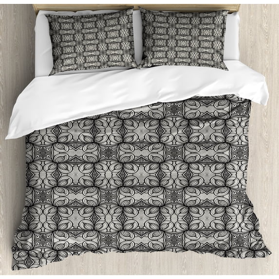 Floral Duvet Cover Set, Oriental Monochromatic Botanical Motif Zentangle Style Doodle, Decorative 3 Piece Bedding Set with 2 Pillow Shams, King Size, Dark Purple Grey Ivory, by Ambesonne