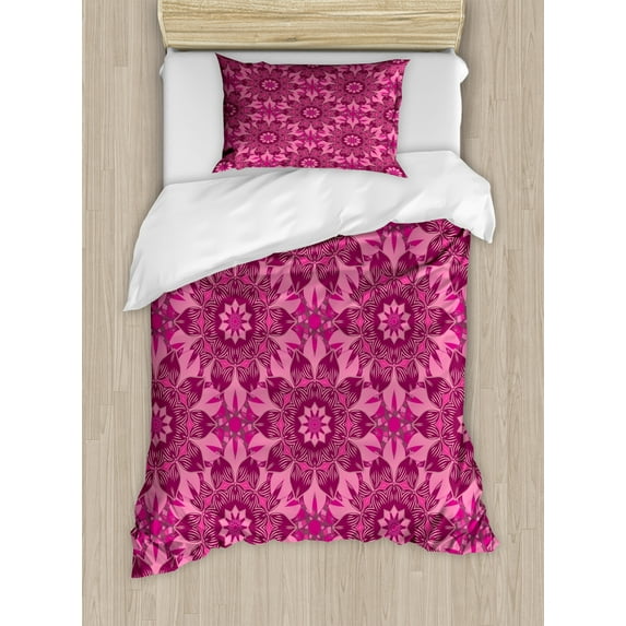 Floral Duvet Cover Set, Oriental Ornamental Flower Pattern Folk Effects Traditional Ottoman, Decorative 2 Piece Bedding Set with 1 Pillow Shams, Twin Size, Pink Dark Magenta, by Ambesonne