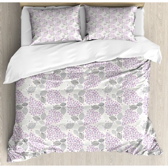Floral Duvet Cover Set, Ornamental Geometric Lilac Flower Blossoms and Striped Leaves Stretching, Decorative 3 Piece Bedding Set with 2 Pillow Shams, Calking Size, Pale Purple Pale Taupe, by Ambesonne