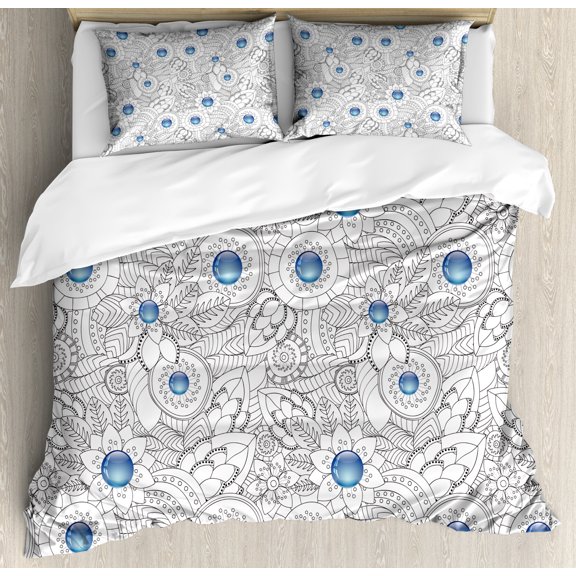 Floral Duvet Cover Set, Ornamental Hand Drawn Flowers and Leaves Blue Dots Doodle Pattern Abstract Art, Decorative 3 Piece Bedding Set with 2 Pillow Shams, Queen Size, Black White Blue, by Ambesonne