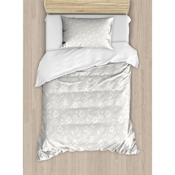 Floral Duvet Cover Set, Ornamental Monochrome Floral Design with Modern Art Style Foliage Pattern Image, Decorative 2 Piece Bedding Set with 1 Pillow Shams, Twin Size, Beige White, by Ambesonne