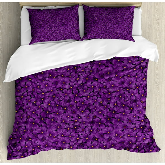 Floral Duvet Cover Set, Ornamental Pattern of Plenitude Blooming Lilac and Yellowish Stamens Scene, Decorative 3 Piece Bedding Set with 2 Pillow Shams, King Size, Purple and Marigold, by Ambesonne