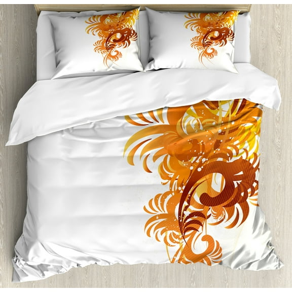Floral Duvet Cover Set, Ornaments Flowers Waves Pattern Curvy Leaves Swirls Graphic Design, Decorative 3 Piece Bedding Set with 2 Pillow Shams, Calking Size, Orange Yellow Cream, by Ambesonne