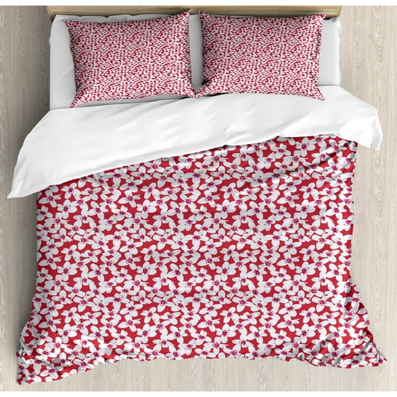 Floral Duvet Cover Set, Overview of Blooming Flowers with Swift Streaks Tropical Garden Pattern, Decorative 3 Piece Bedding Set with 2 Pillow Shams, King Size, Dark Pink and Pale Grey, by Ambesonne