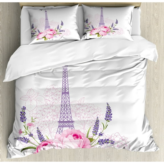 Floral Duvet Cover Set, Paris Romantic Graphic of Eiffel Tower and Flowers Spring Blooming, Decorative 3 Piece Bedding Set with 2 Pillow Shams, Queen Size, Lavender and Multicolor, by Ambesonne