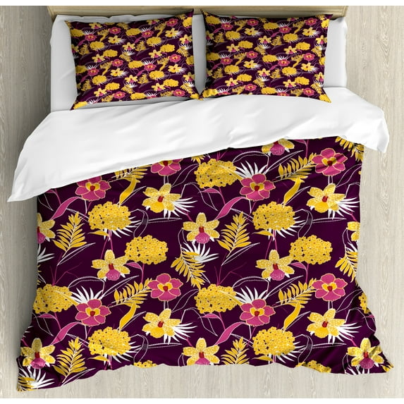 Floral Duvet Cover Set, Pastel Buttercup and Hibiscus Bloom Flourishing Buds Jungle Setting, Decorative 3 Piece Bedding Set with 2 Pillow Shams, Queen Size, Magenta and Earth Yellow, by Ambesonne