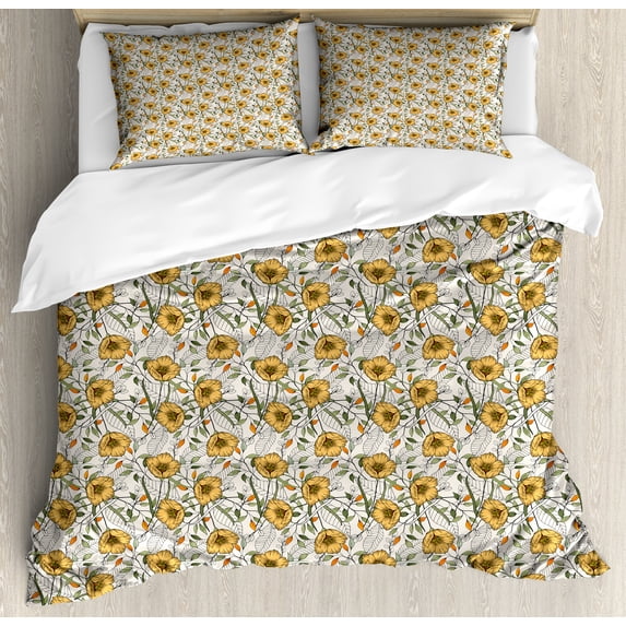 Floral Duvet Cover Set, Pastel Detailed Paradise Flowers and Striped Leaves Nostalgic Feels, Decorative 3 Piece Bedding Set with 2 Pillow Shams, Calking Size, Eggshell and Multicolor, by Ambesonne