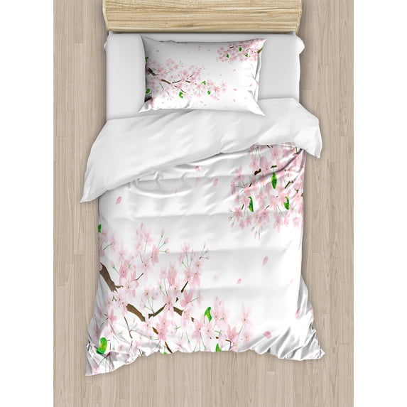 Floral Duvet Cover Set, Pastel Tone Sakura Flower Branches in Cherry Blossom Tender Nature, Decorative 2 Piece Bedding Set with 1 Pillow Shams, Twin Size, Umber Green, by Ambesonne