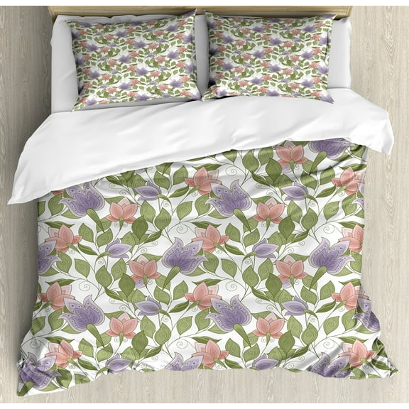 Floral Duvet Cover Set, Pastel Tone Tulip Flower Aged Ottoman National Petals Image, Decorative 3 Piece Bedding Set with 2 Pillow Shams, King Size, Olive Green Coral, by Ambesonne