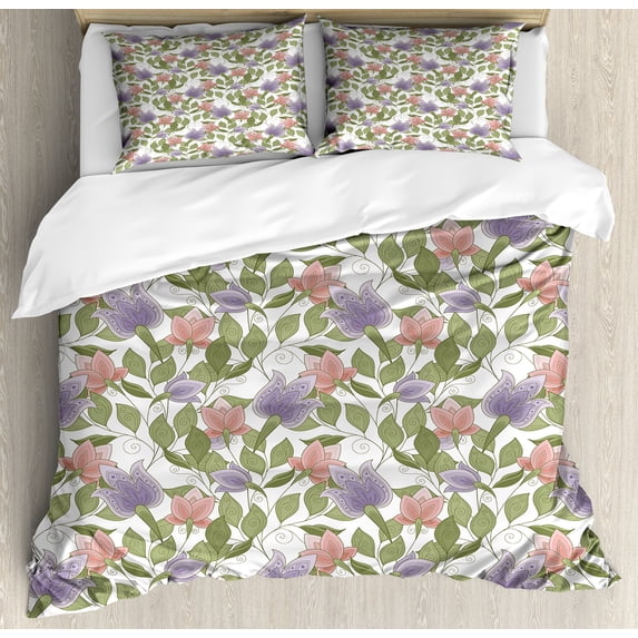Floral Duvet Cover Set, Pastel Tone Tulip Flower Aged Ottoman National Petals Image, Decorative 3 Piece Bedding Set with 2 Pillow Shams, Queen Size, Olive Green Coral, by Ambesonne