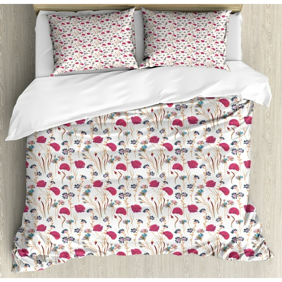 Floral Duvet Cover Set, Pastel Tones Wildflowers Illustration on Plain Background, Decorative 3 Piece Bedding Set with 2 Pillow Shams, Queen Size, Dark Magenta Multicolor, by Ambesonne