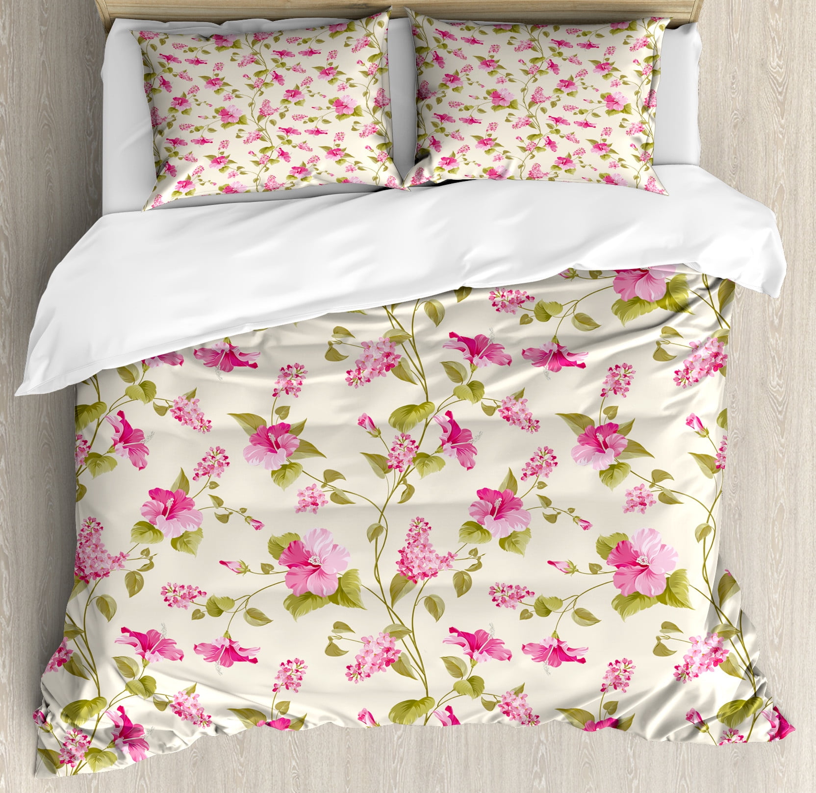 Queen Pink and Green Floral Duvet Cover Set
