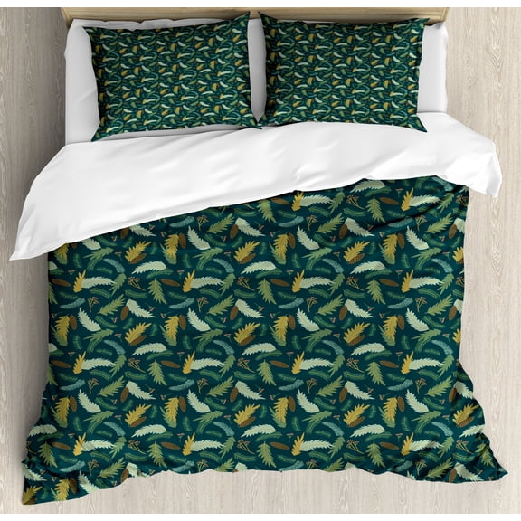 Floral Duvet Cover Set, Pattern of Christmas Tree Ornamental Plants, Decorative 3 Piece Bedding Set with 2 Pillow Shams, King Size, Hunter Green Multicolor, by Ambesonne