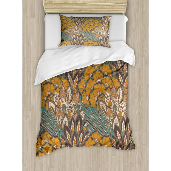 Floral Duvet Cover Set, Pattern of Flowers and Peacock Feathers Floral Arrangement Art, Decorative 2 Piece Bedding Set with 1 Pillow Shams, Twin Size, Petrol Blue Pale Coffee, by Ambesonne
