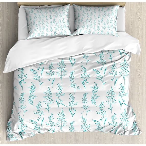 Floral Duvet Cover Set, Floral Pattern Moderate Essential Botanical Herbs Flower Plants Fresh Twigs Theme, Decorative 3 Piece Bedding Set with 2 Pillow Shams, Calking Size, Green Cream, by Ambesonne