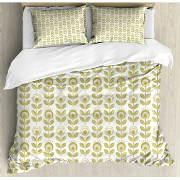 Floral Duvet Cover Set, Pattern of Monochrome Traditional Scandinavian Style Flowers on Plain Background, Decorative 3 Piece Bedding Set with 2 Pillow Shams, Calking Size, Khaki White, by Ambesonne