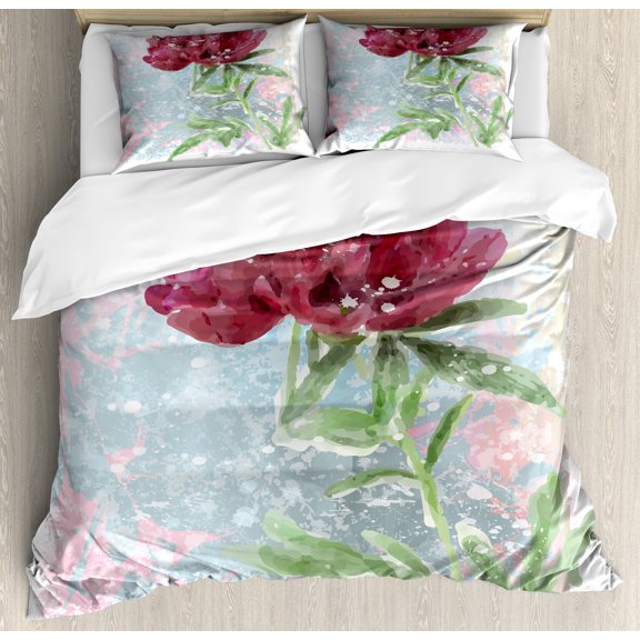 Floral Duvet Cover Set, Peony Flower Murky Blossom Nature Beauty Growth Retro Picture, Decorative 3 Piece Bedding Set with 2 Pillow Shams, King Size, Fern Green Pale Blue, by Ambesonne