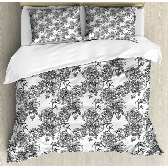 Floral Duvet Cover Set, Plant Blossom Spring Season Birth of Nature Monochrome Sketch Vintage Design, Decorative 3 Piece Bedding Set with 2 Pillow Shams, Queen Size, Black Grey White, by Ambesonne