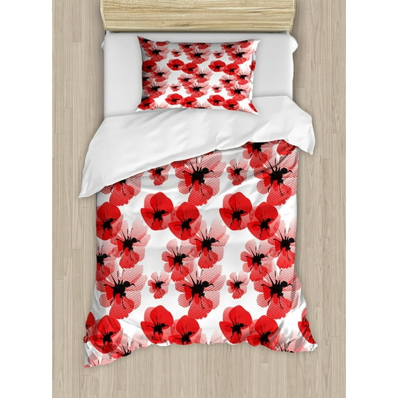 Floral Duvet Cover Set, Poppies Retro Halftone Effect Fertility and Eternal Life Vintage, Decorative 2 Piece Bedding Set with 1 Pillow Shams, Twin Size, Vermilion Black White, by Ambesonne
