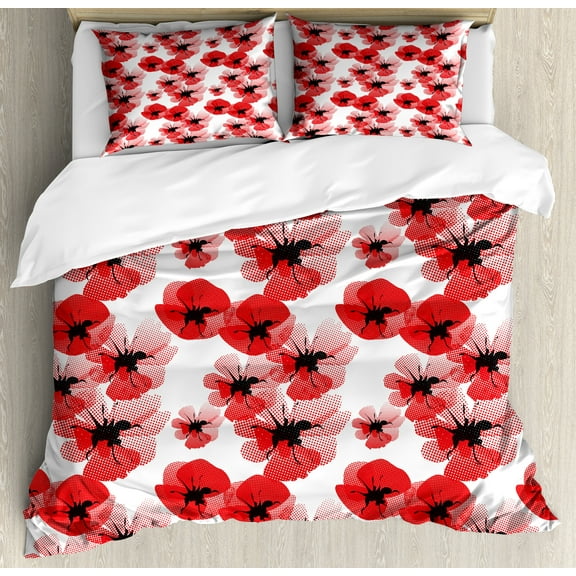 Floral Duvet Cover Set, Poppies Retro Halftone Effect Fertility and Eternal Life Vintage, Decorative 3 Piece Bedding Set with 2 Pillow Shams, Calking Size, Vermilion Black White, by Ambesonne