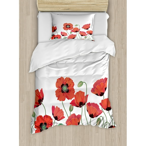 Floral Duvet Cover Set, Poppy Flowers in Garden Fresh Plant Idyllic Nature Fragrance Theme Print, Decorative 2 Piece Bedding Set with 1 Pillow Shams, Twin Size, Orange Green, by Ambesonne