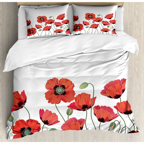 Floral Duvet Cover Set, Poppy Flowers in Garden Fresh Plant Idyllic Nature Fragrance Theme Print, Decorative 3 Piece Bedding Set with 2 Pillow Shams, King Size, Orange Green, by Ambesonne
