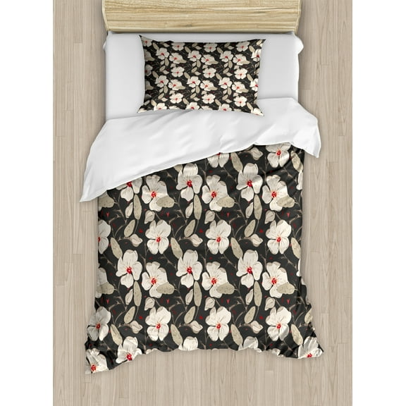Floral Duvet Cover Set, Poppy Flowers Vintage with Abstract Floral Arrangement Nature Blossom, Decorative 2 Piece Bedding Set with 1 Pillow Shams, Twin Size, Tan Charcoal Grey Red, by Ambesonne