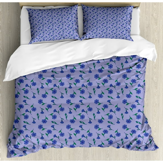Floral Duvet Cover Set, Print of Blossoming Cornflowers Layout of Garden Items, Decorative 3 Piece Bedding Set with 2 Pillow Shams, Queen Size, Blue Persian Blue, by Ambesonne
