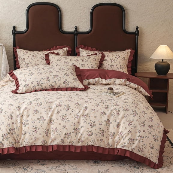 Floral Duvet Cover Set Queen Cotton Red Ruffle Comforter Cover 3 Pcs Princess Bedding Duvet Cover with Zipper Ties for Teen Girls