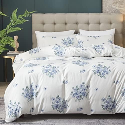 Floral Duvet Cover Set Queen Size, 3 Pieces Blue Floral Farmhouse Duvet Cover Set- Soft, Lightweight & Breathable, Standard 100 by Oeko-Tex(No Comforter)