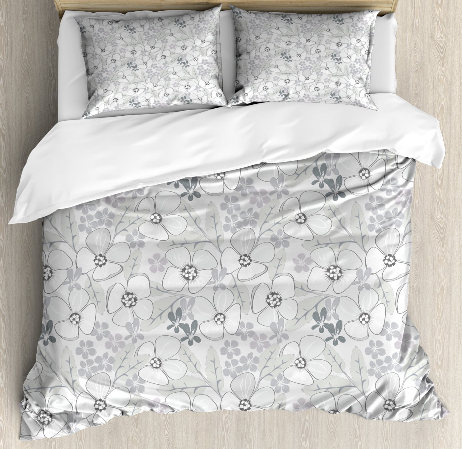 Pale Grey and White Floral Microfiber Queen Duvet Cover Set