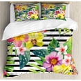 thumbnail image 1 of Floral Duvet Cover Set Queen Size, Bouquet with Lily Dahlia Palm Begonia Leaves Orchid Flowers on a Striped Background, Decorative 3 Piece Bedding Set with 2 Pillow Shams, Multicolor, by Ambesonne, 1 of 3