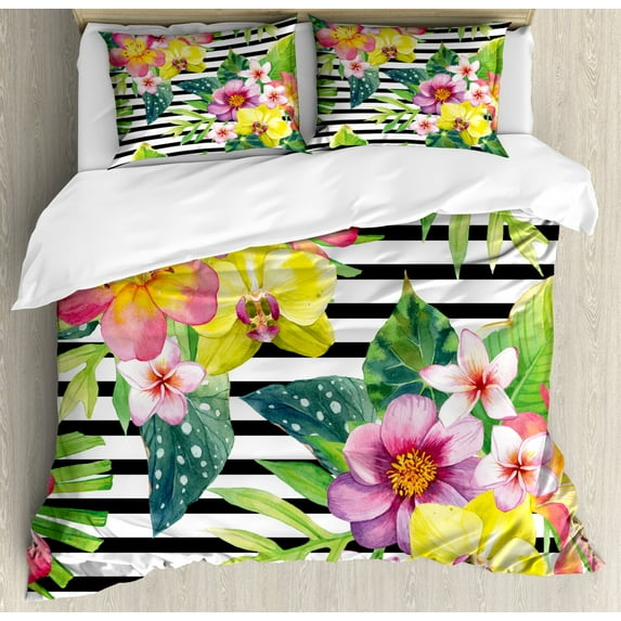 Floral Duvet Cover Set Queen Size, Bouquet with Lily Dahlia Palm Begonia Leaves Orchid Flowers on a Striped Background, Decorative 3 Piece Bedding Set with 2 Pillow Shams, Multicolor, by Ambesonne