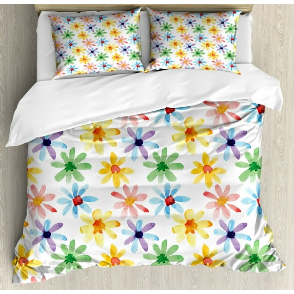 Floral Duvet Cover Set Queen Size, Colorful Flowers Spring Season Nature Garden Theme Watercolors Hand Painted Artwork, Decorative 3 Piece Bedding Set with 2 Pillow Shams, Multicolor, by Ambesonne