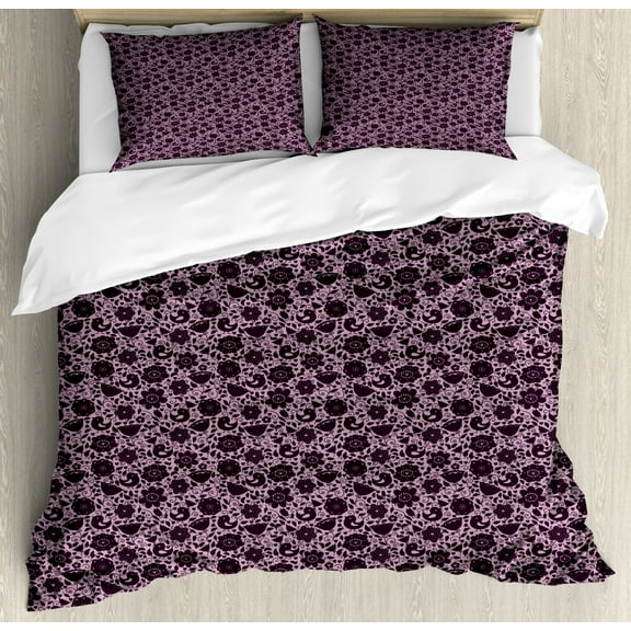 Floral Duvet Cover Set Queen Size, Doodle Abstract Pattern with Silhouettes of Birds and Flowers Nature Inspired, Decorative 3 Piece Bedding Set with 2 Pillow Shams, Lilac and Plum, by Ambesonne