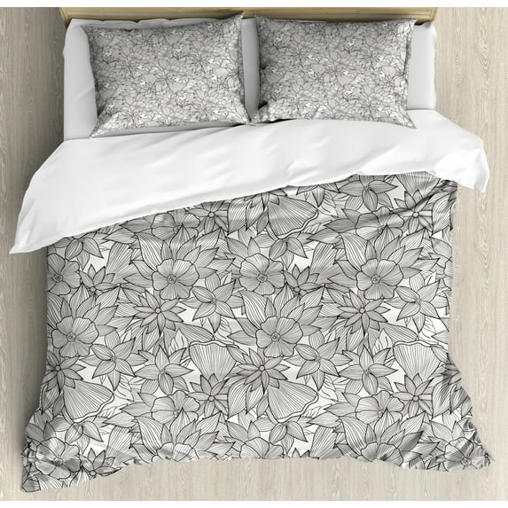 Floral Duvet Cover Set Queen Size, Hand Drawn Detailed Composition of Flowers Blooming on a Plain Background, Decorative 3 Piece Bedding Set with 2 Pillow Shams, Charcoal Grey White, by Ambesonne